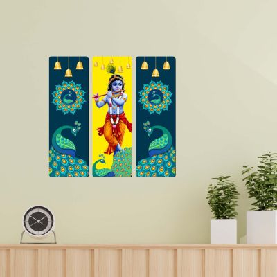 Lord Krishna Wooden Wall Hanging Art  Divine Bal Gopal Flute Playing Artwork for Living Room, Pooja Mandir, and Home Decor